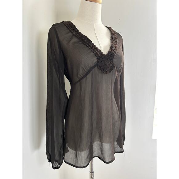 Ann Taylor Loft Dark Brown Sheer V Neck Crochet Long Sleeve Blouse Womens US 2 - Picture 3 of 5